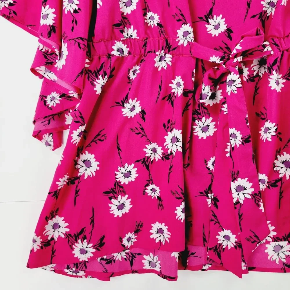 Lane Bryant Blouse Women 26/28 Pink Floral Print Bat Flared Sleeve Kimono Belted - Picture 5 of 14